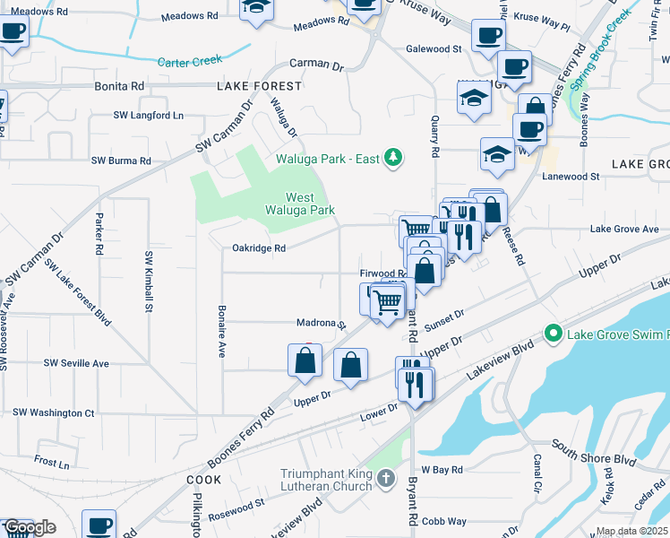 map of restaurants, bars, coffee shops, grocery stores, and more near 16061 Waluga Drive in Lake Oswego