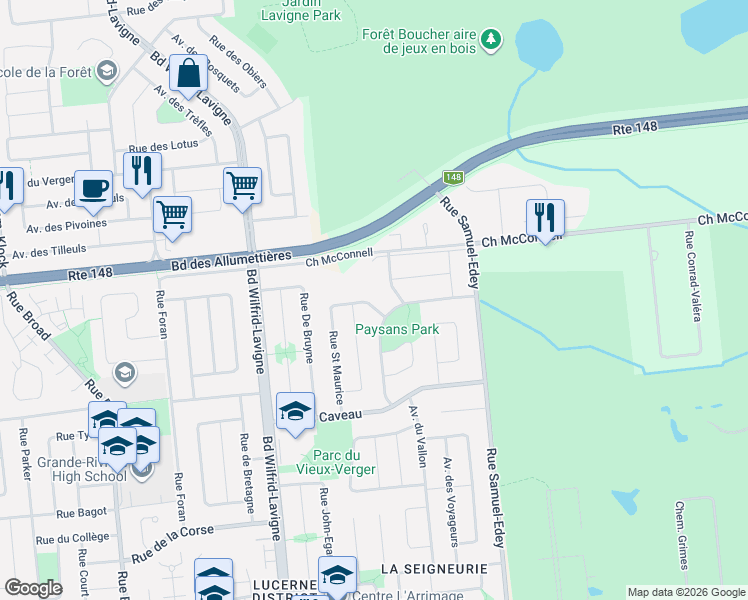 map of restaurants, bars, coffee shops, grocery stores, and more near 416 Rue Saint Maurice in Gatineau