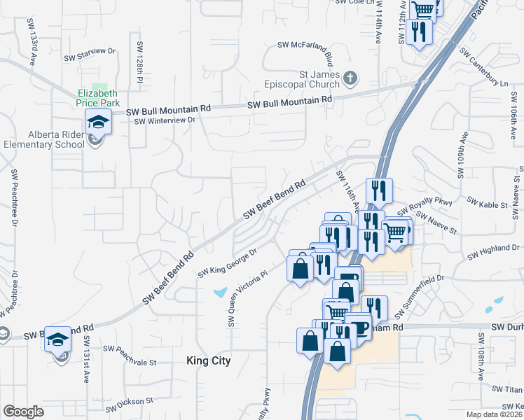 map of restaurants, bars, coffee shops, grocery stores, and more near 12065 Southwest King Arthur Street in King City