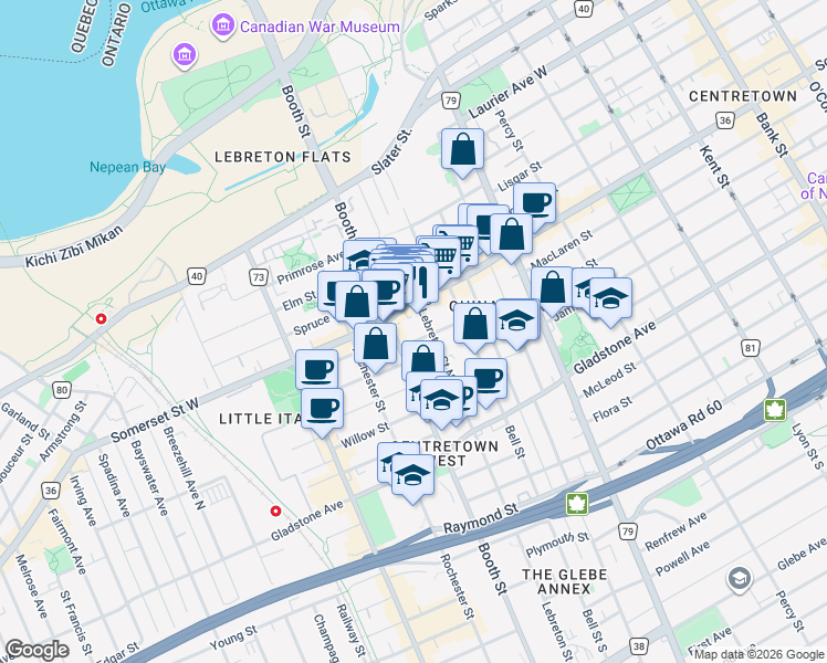 map of restaurants, bars, coffee shops, grocery stores, and more near in Ottawa