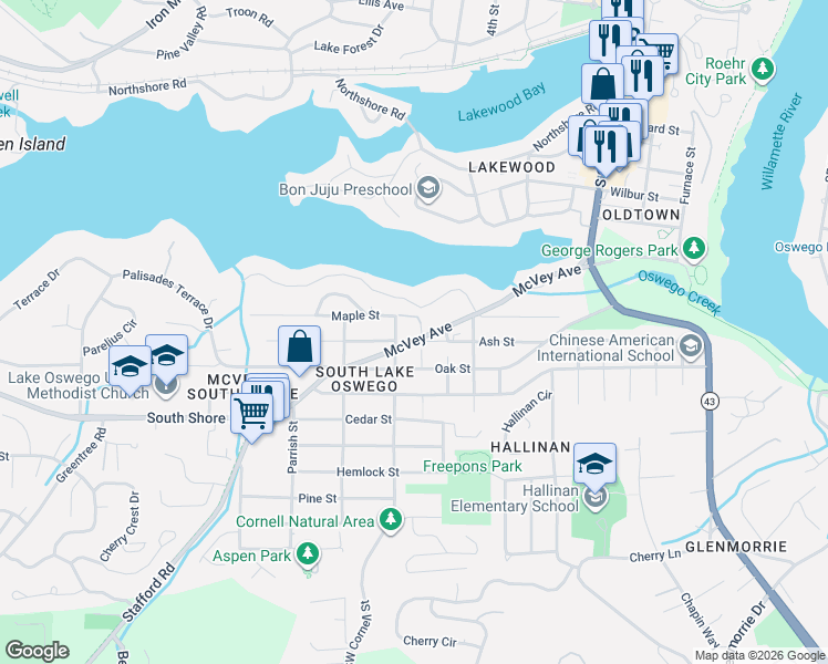 map of restaurants, bars, coffee shops, grocery stores, and more near 16081 Pearcy Street in Lake Oswego