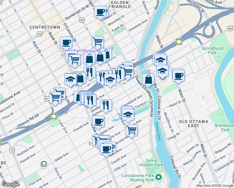 map of restaurants, bars, coffee shops, grocery stores, and more near 101 Strathcona Avenue in Ottawa