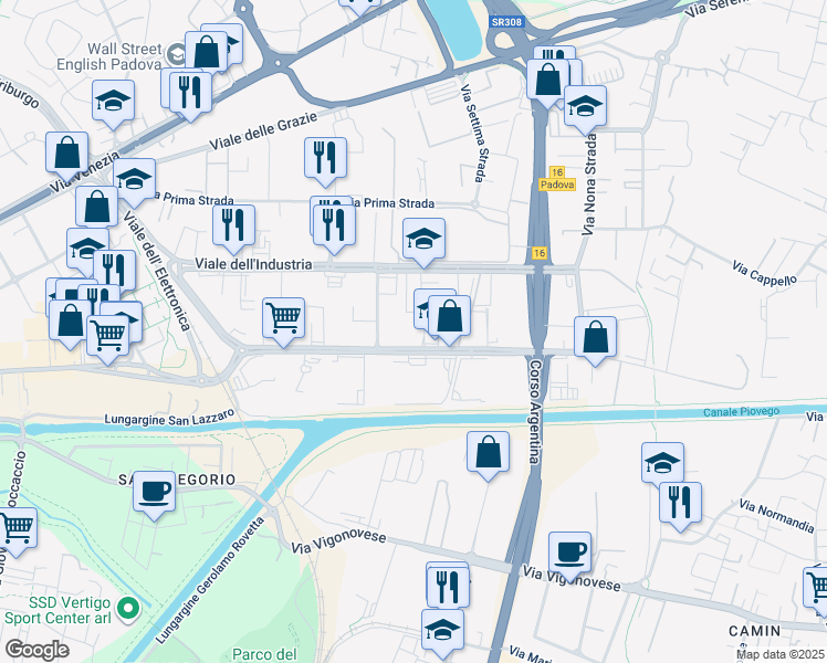 map of restaurants, bars, coffee shops, grocery stores, and more near 49 Viale della Navigazione Interna in Padova