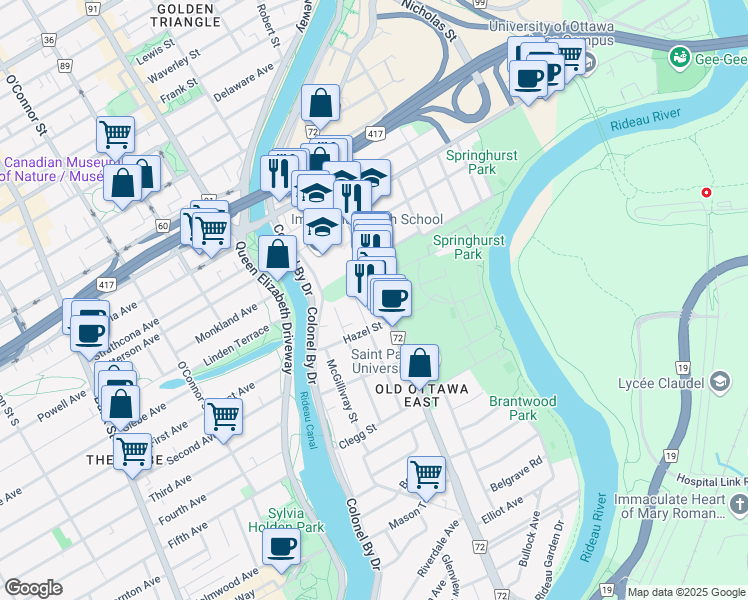 map of restaurants, bars, coffee shops, grocery stores, and more near 186 Main Street in Ottawa