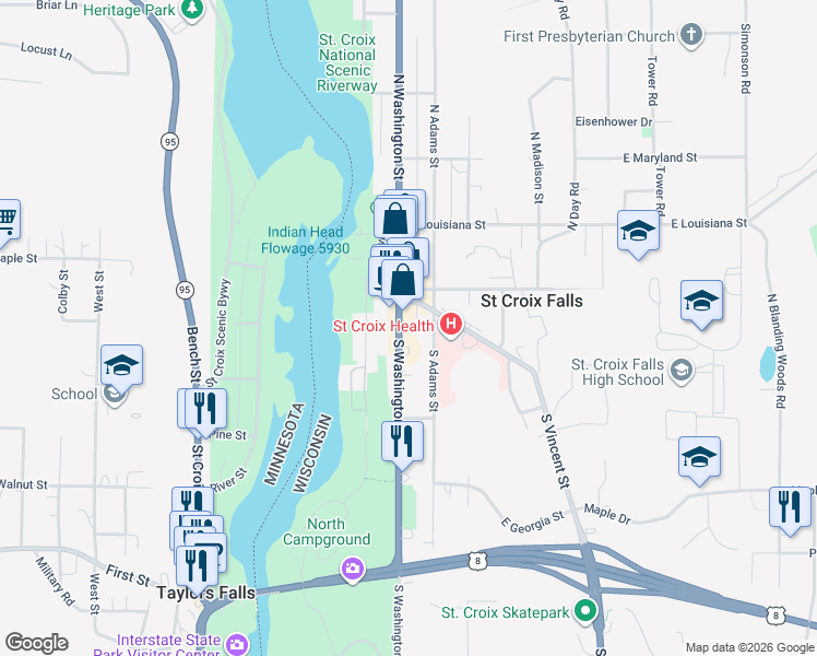 map of restaurants, bars, coffee shops, grocery stores, and more near 116 North Washington Street in Saint Croix Falls