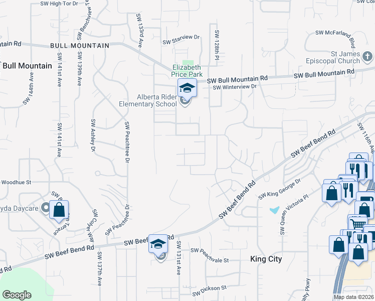 map of restaurants, bars, coffee shops, grocery stores, and more near 13075 Southwest Kostel Lane in Tigard