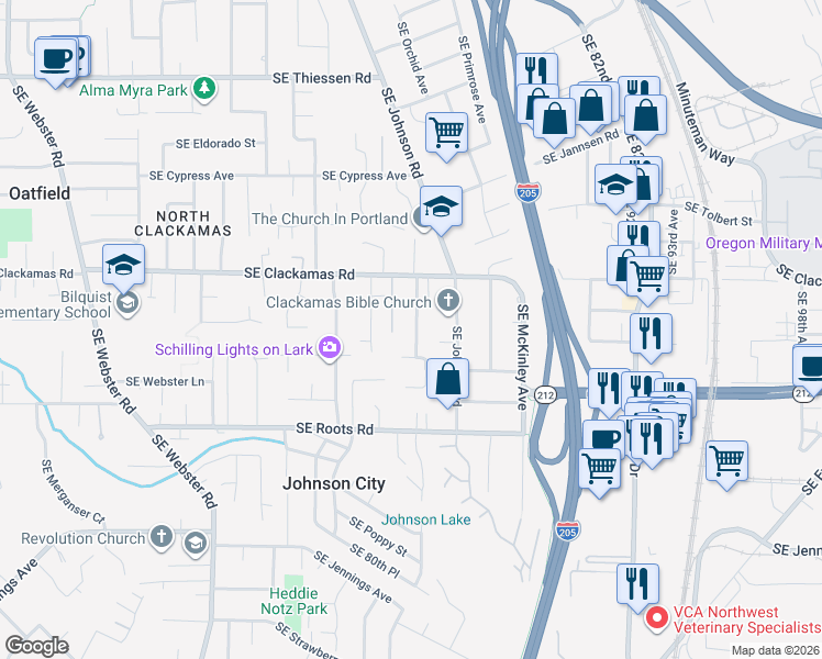 map of restaurants, bars, coffee shops, grocery stores, and more near 15710 Southeast Buser Lane in Clackamas