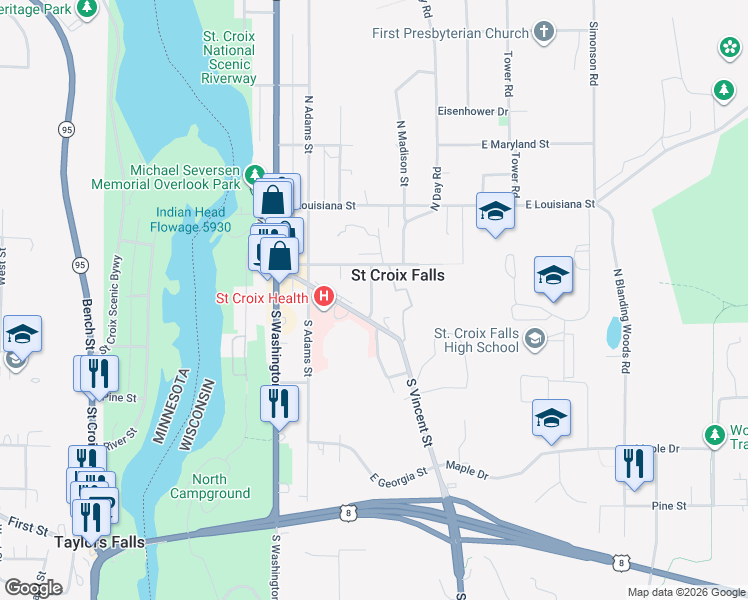 map of restaurants, bars, coffee shops, grocery stores, and more near in Saint Croix Falls