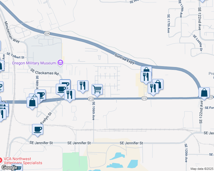 map of restaurants, bars, coffee shops, grocery stores, and more near 10701 Southeast Highway 212 in Clackamas