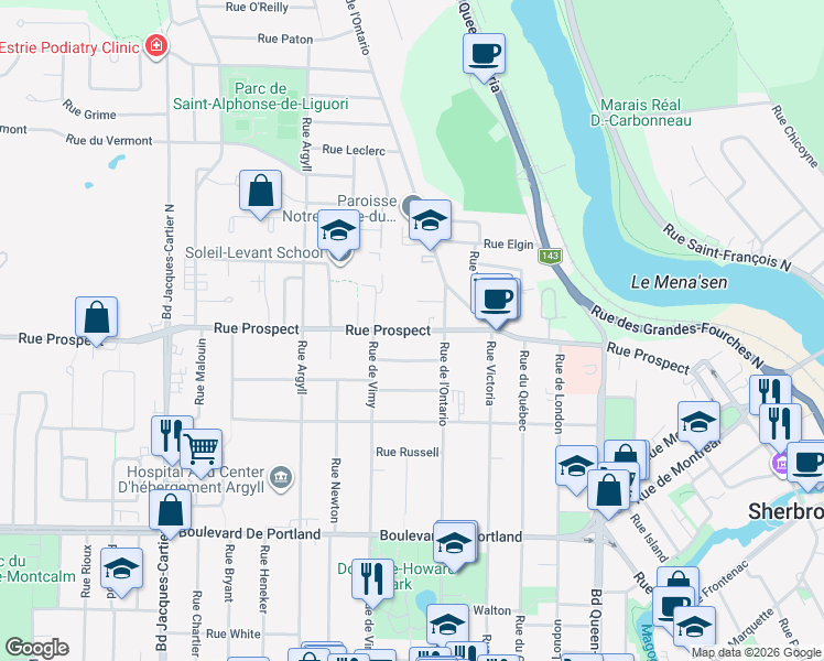 map of restaurants, bars, coffee shops, grocery stores, and more near 1325 Rue Prospect in Sherbrooke