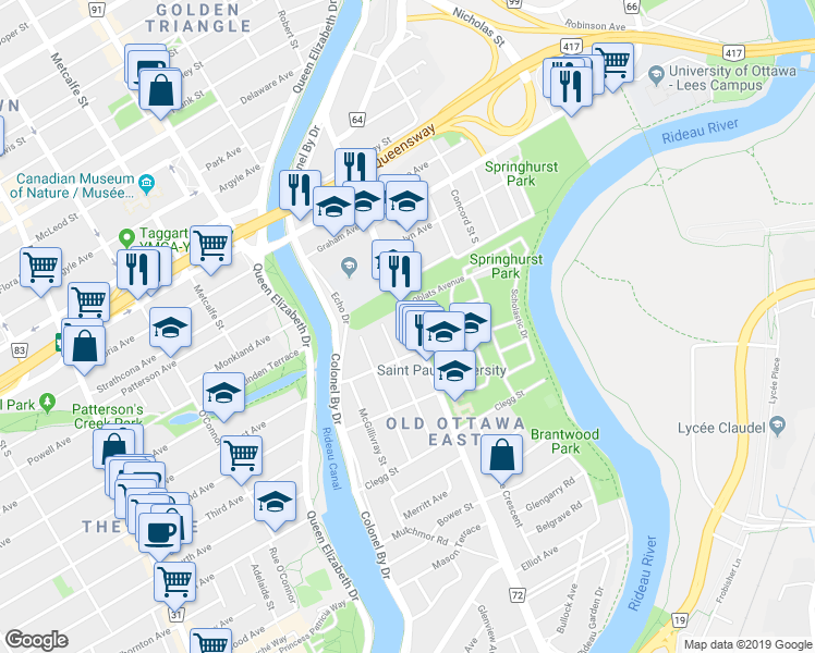 map of restaurants, bars, coffee shops, grocery stores, and more near 178 Main Street in Ottawa