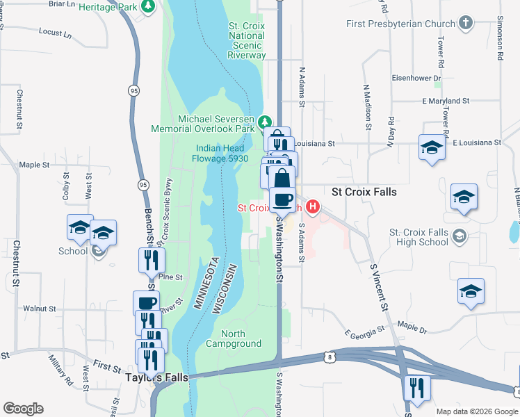 map of restaurants, bars, coffee shops, grocery stores, and more near 128 River Road North in Saint Croix Falls