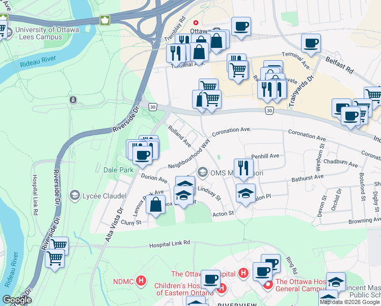map of restaurants, bars, coffee shops, grocery stores, and more near 557 Neighbourhood Way in Ottawa