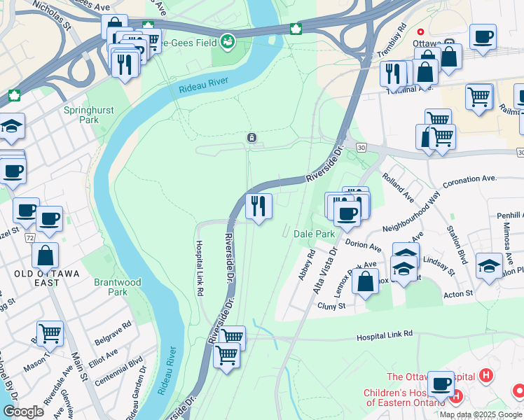 map of restaurants, bars, coffee shops, grocery stores, and more near 1541 Lycée Place in Ottawa