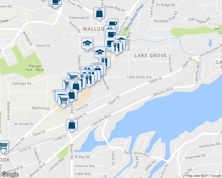 map of restaurants, bars, coffee shops, grocery stores, and more near 16140 Reese Road in Lake Oswego