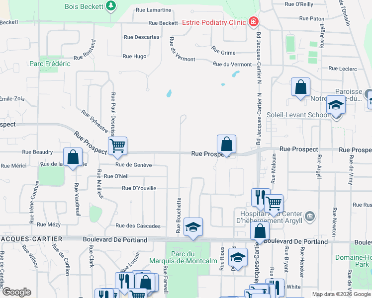 map of restaurants, bars, coffee shops, grocery stores, and more near 2069 Rue Prospect in Sherbrooke