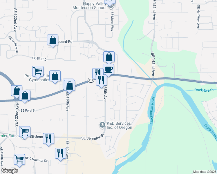 map of restaurants, bars, coffee shops, grocery stores, and more near 15606 Southeast 135th Avenue in Clackamas