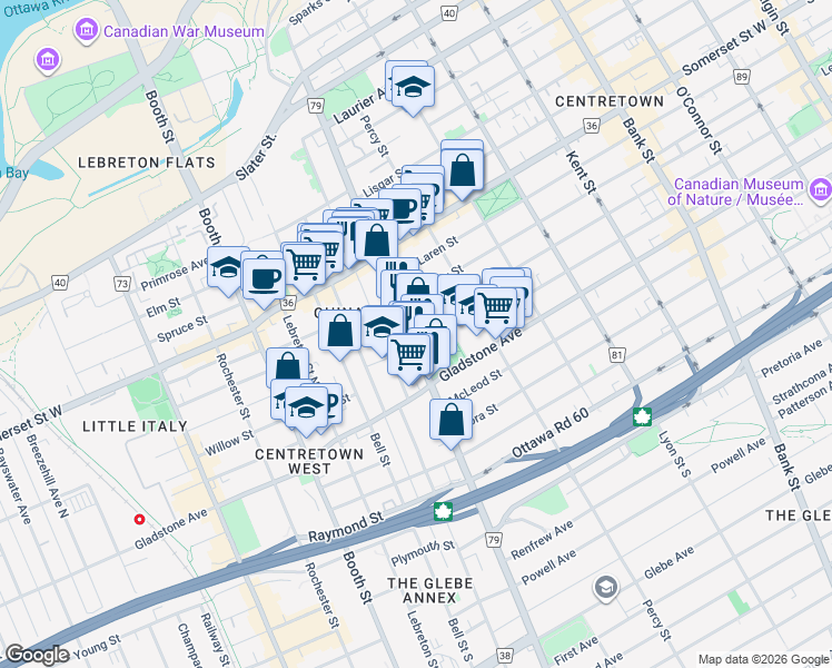 map of restaurants, bars, coffee shops, grocery stores, and more near in Ottawa