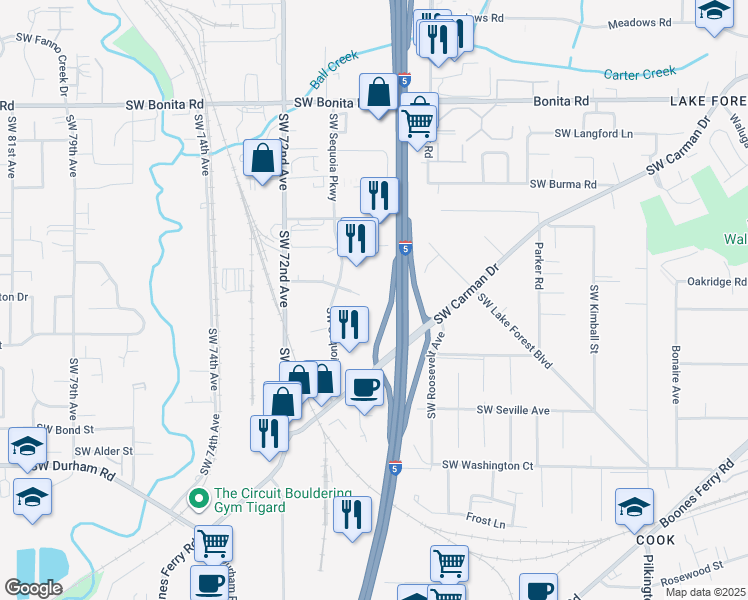 map of restaurants, bars, coffee shops, grocery stores, and more near 6650 Southwest Redwood Lane in Tigard