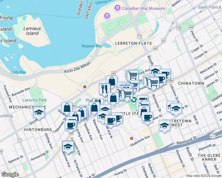 map of restaurants, bars, coffee shops, grocery stores, and more near 255 City Centre Avenue in Ottawa