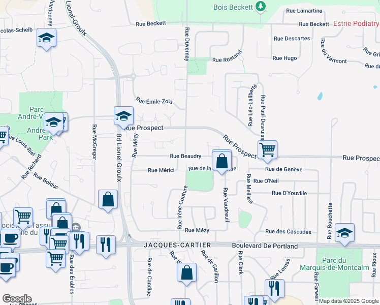 map of restaurants, bars, coffee shops, grocery stores, and more near 700 Rue Duvernay in Sherbrooke