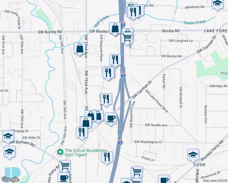 map of restaurants, bars, coffee shops, grocery stores, and more near 6650 Southwest Redwood Lane in Tigard