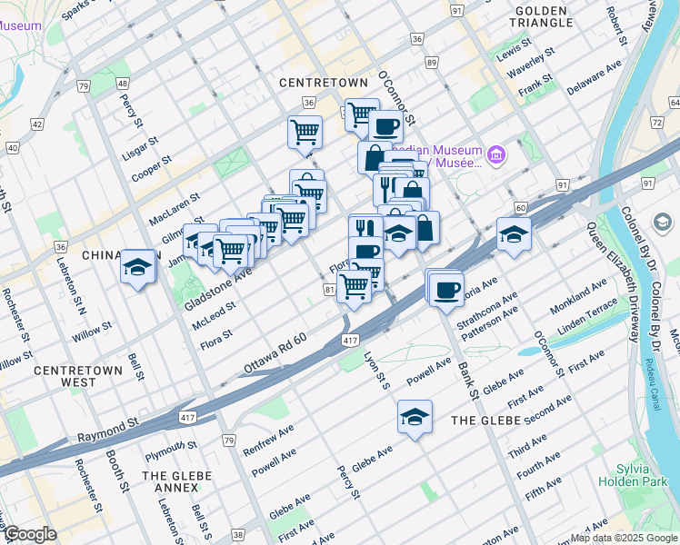 map of restaurants, bars, coffee shops, grocery stores, and more near 130 Flora Street in Ottawa