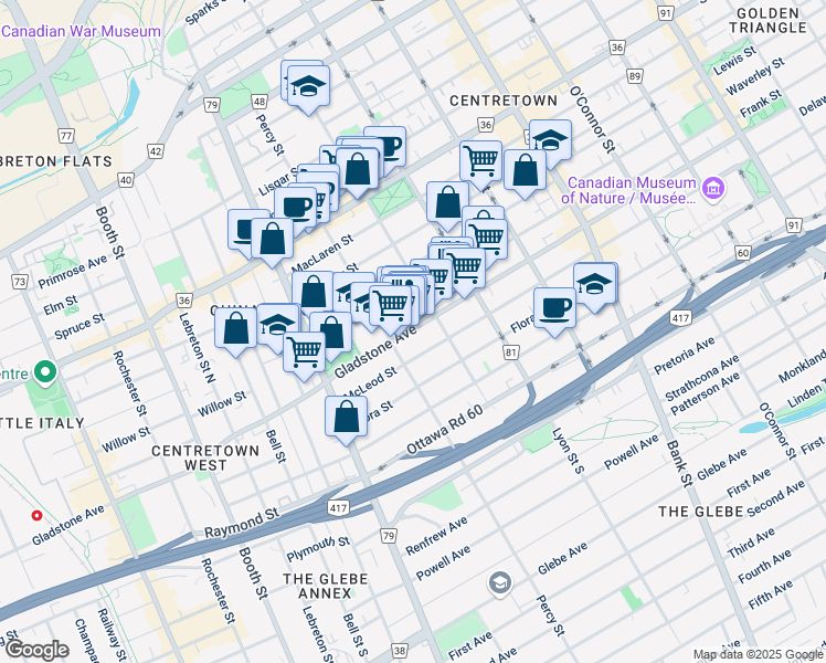 map of restaurants, bars, coffee shops, grocery stores, and more near in Ottawa