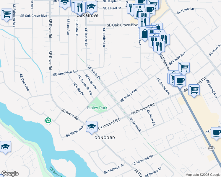 map of restaurants, bars, coffee shops, grocery stores, and more near 15712 Southeast Arista Drive in Milwaukie