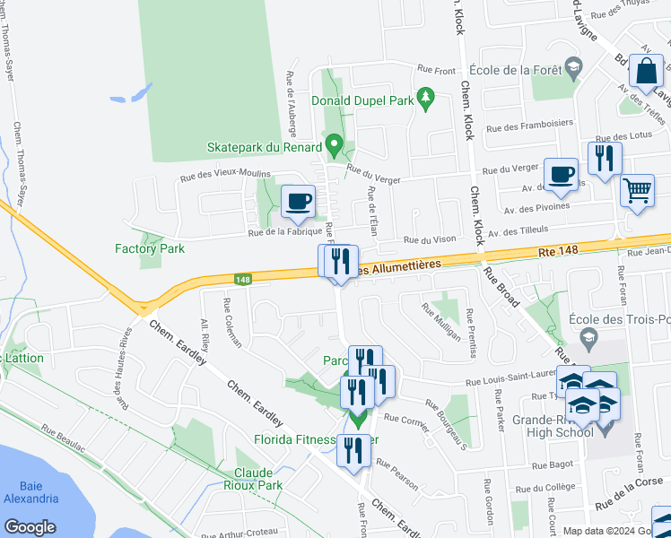 map of restaurants, bars, coffee shops, grocery stores, and more near 111 Boulevard des Allumettières in Gatineau