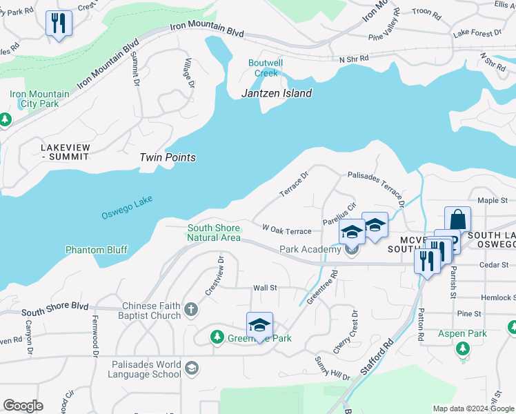 map of restaurants, bars, coffee shops, grocery stores, and more near 1099 Terrace Drive in Lake Oswego