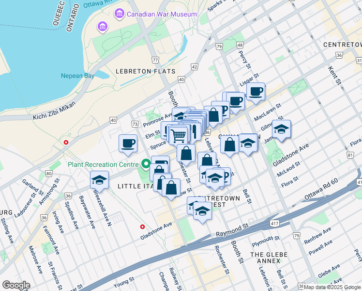 map of restaurants, bars, coffee shops, grocery stores, and more near in Ottawa