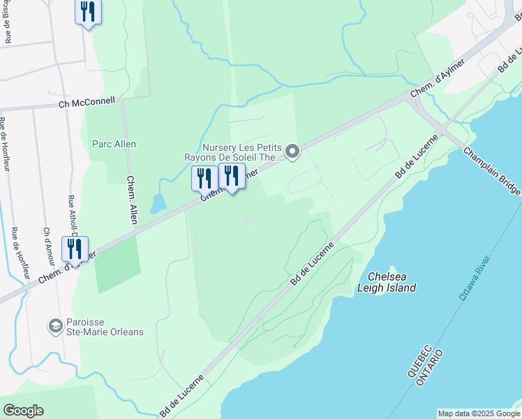 map of restaurants, bars, coffee shops, grocery stores, and more near 1180 Chemin d'Aylmer in Gatineau