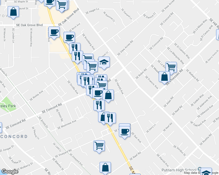 map of restaurants, bars, coffee shops, grocery stores, and more near 3718 Southeast Concord Road in Milwaukie