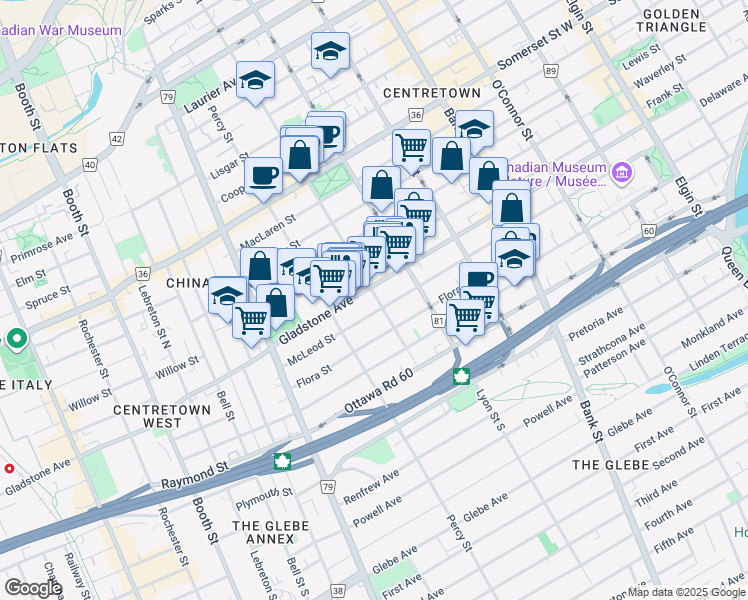 map of restaurants, bars, coffee shops, grocery stores, and more near 514 Bay Street in Ottawa