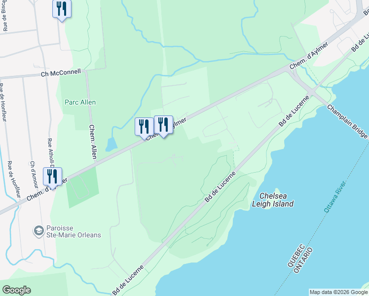 map of restaurants, bars, coffee shops, grocery stores, and more near 1180 Chemin d'Aylmer in Gatineau