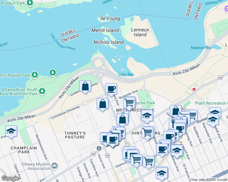 map of restaurants, bars, coffee shops, grocery stores, and more near 89 Forward Avenue in Ottawa