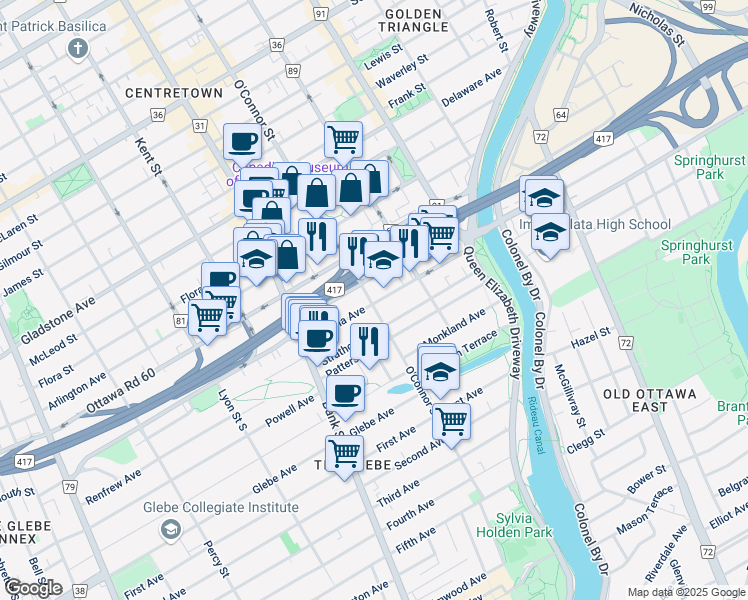 map of restaurants, bars, coffee shops, grocery stores, and more near 127 Pretoria Avenue in Ottawa
