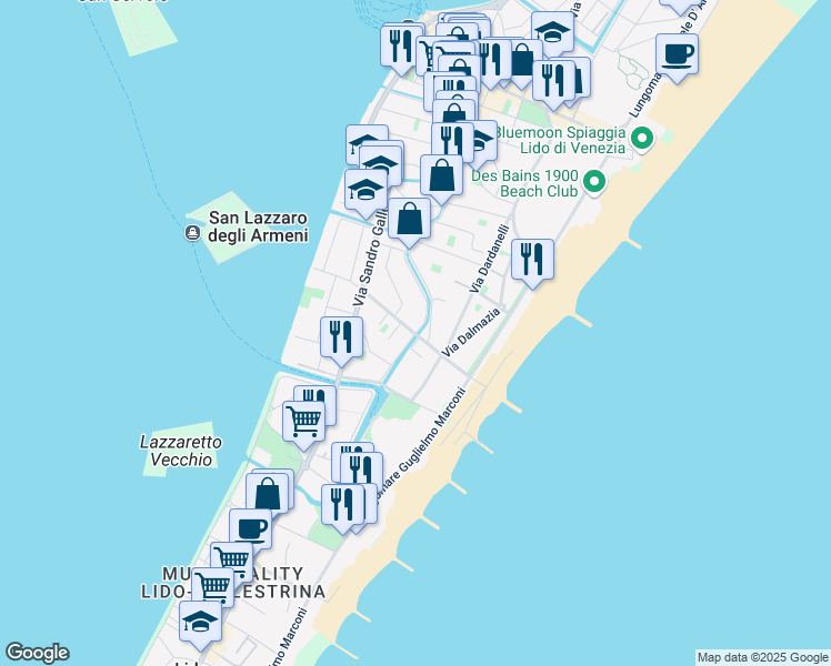 map of restaurants, bars, coffee shops, grocery stores, and more near 37 Via Lepanto in Lido