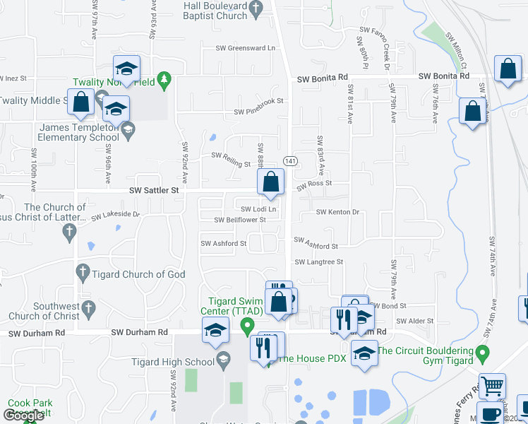 map of restaurants, bars, coffee shops, grocery stores, and more near 8624 Southwest Lodi Lane in Tigard