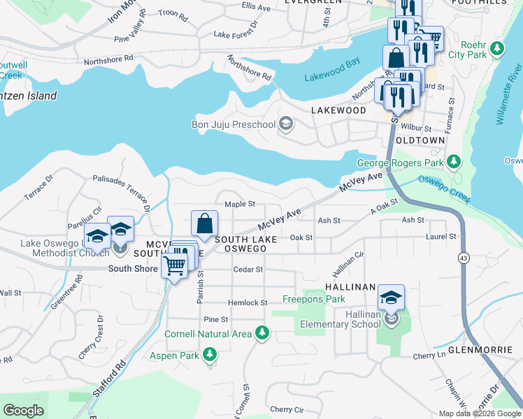 map of restaurants, bars, coffee shops, grocery stores, and more near 826 Cornell Street in Lake Oswego