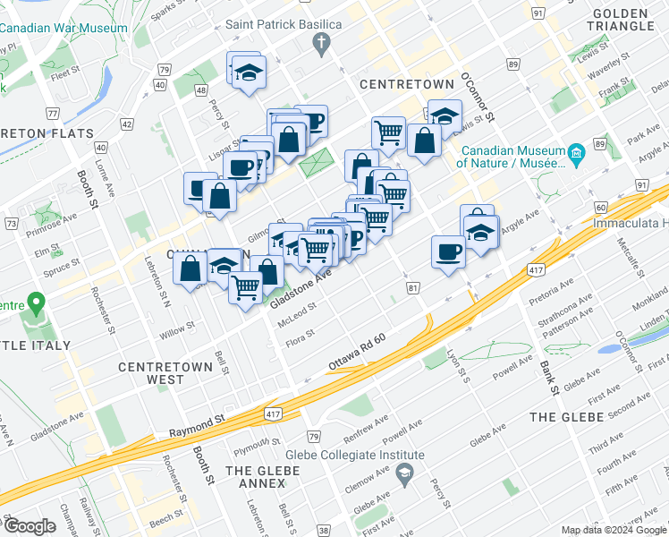 map of restaurants, bars, coffee shops, grocery stores, and more near 567 Gladstone Avenue in Ottawa