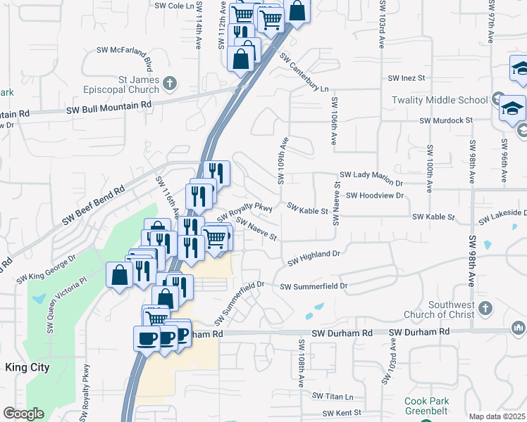 map of restaurants, bars, coffee shops, grocery stores, and more near 15204 Southwest Royalty Parkway in Portland