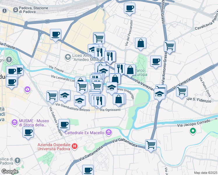 map of restaurants, bars, coffee shops, grocery stores, and more near 6 Via Giovanni Gradenigo in Padova
