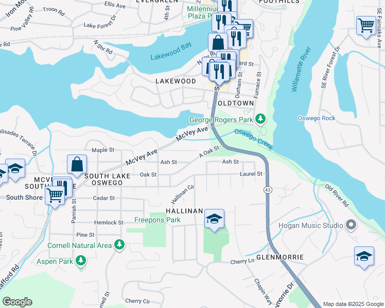 map of restaurants, bars, coffee shops, grocery stores, and more near 600 Maple Street in Lake Oswego