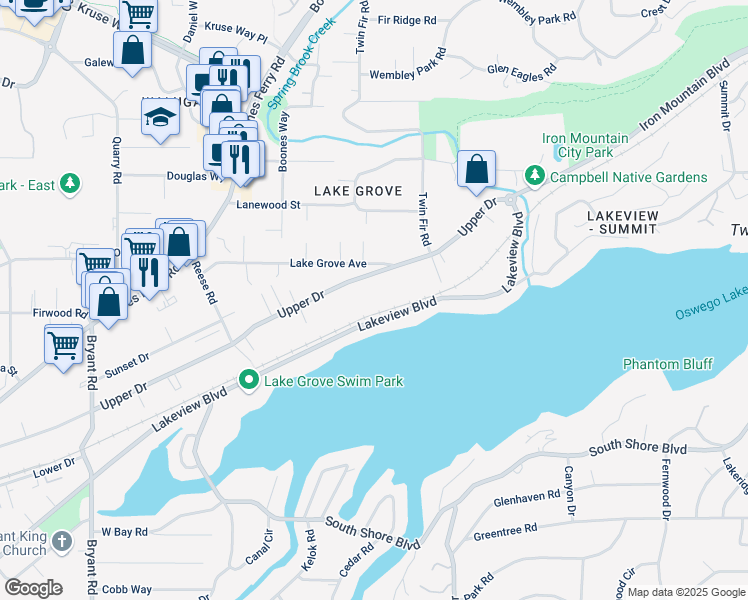 map of restaurants, bars, coffee shops, grocery stores, and more near 3230 Upper Drive in Lake Oswego