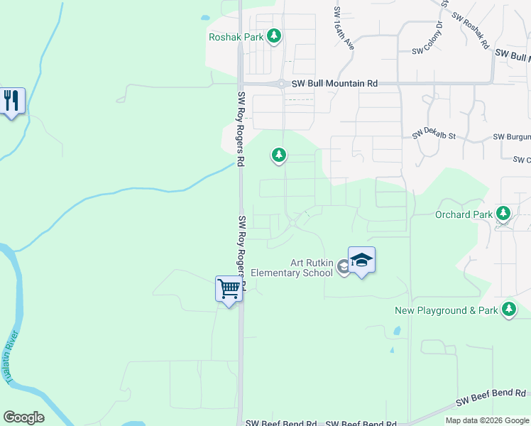 map of restaurants, bars, coffee shops, grocery stores, and more near 15252 Southwest Roy Rogers Road in Sherwood