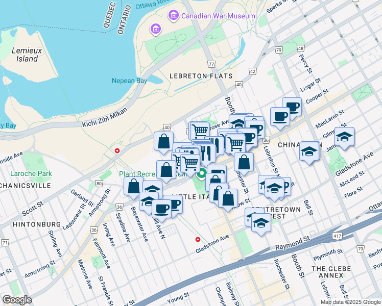 map of restaurants, bars, coffee shops, grocery stores, and more near in Ottawa