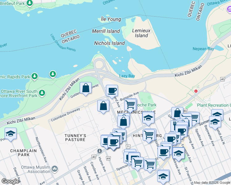 map of restaurants, bars, coffee shops, grocery stores, and more near 89 Forward Avenue in Ottawa