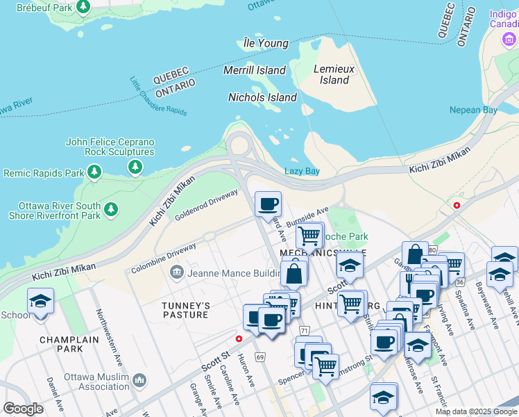 map of restaurants, bars, coffee shops, grocery stores, and more near in Ottawa